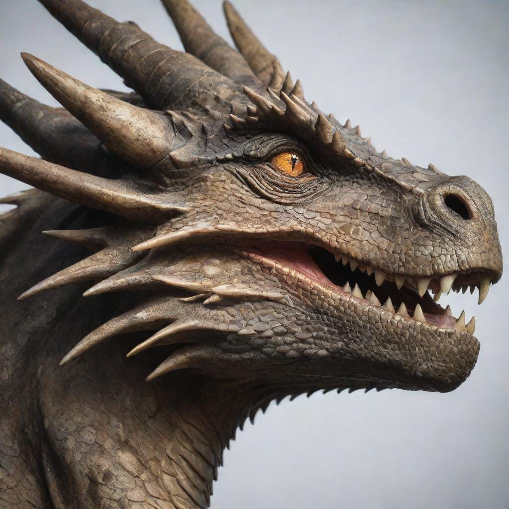 An up-close side profile view of a dragon's face, positioned towards the edge of the canvas. The image emphasizes the strong features of the dragon, creating a sense of proximity and intrigue.