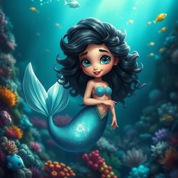 A whimsical and enchanting animated mermaid with curly black hair