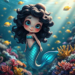 A whimsical and enchanting animated mermaid with curly black hair