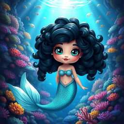 A whimsical and enchanting animated mermaid with curly black hair