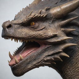 An up-close side profile view of a dragon's face, positioned towards the edge of the canvas. The image emphasizes the strong features of the dragon, creating a sense of proximity and intrigue.