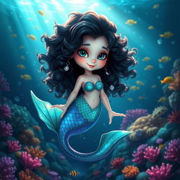 A whimsical and enchanting animated mermaid with curly black hair