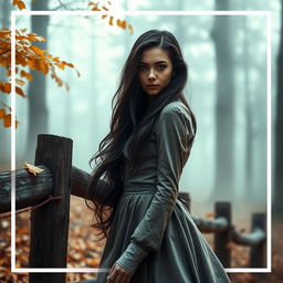 Create a book cover featuring a mysterious young woman with captivating eyes in a misty forest setting