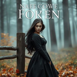 Create a book cover featuring a mysterious young woman with captivating eyes in a misty forest setting