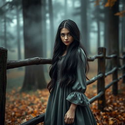 Create a book cover featuring a mysterious young woman with captivating eyes in a misty forest setting