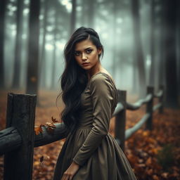 Create a book cover featuring a mysterious young woman with captivating eyes in a misty forest setting