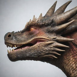 An up-close side profile view of a dragon's face, positioned towards the edge of the canvas. The image emphasizes the strong features of the dragon, creating a sense of proximity and intrigue.