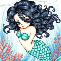 A beautifully illustrated colored drawing of a mermaid with curly black hair