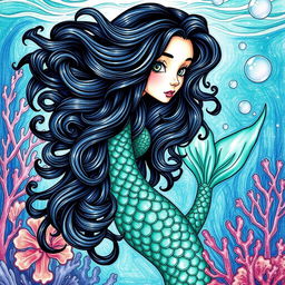 A beautifully illustrated colored drawing of a mermaid with curly black hair