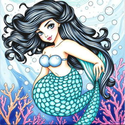 A beautifully illustrated colored drawing of a mermaid with curly black hair