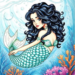 A beautifully illustrated colored drawing of a mermaid with curly black hair