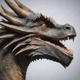 An up-close side profile view of a dragon's face, positioned towards the edge of the canvas. The image emphasizes the strong features of the dragon, creating a sense of proximity and intrigue.