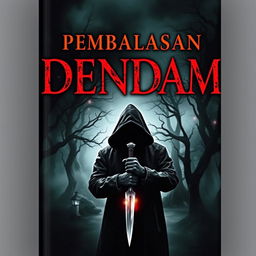 A book cover titled "PEMBALASAN DENDAM" in bold, fiery red letters at the top