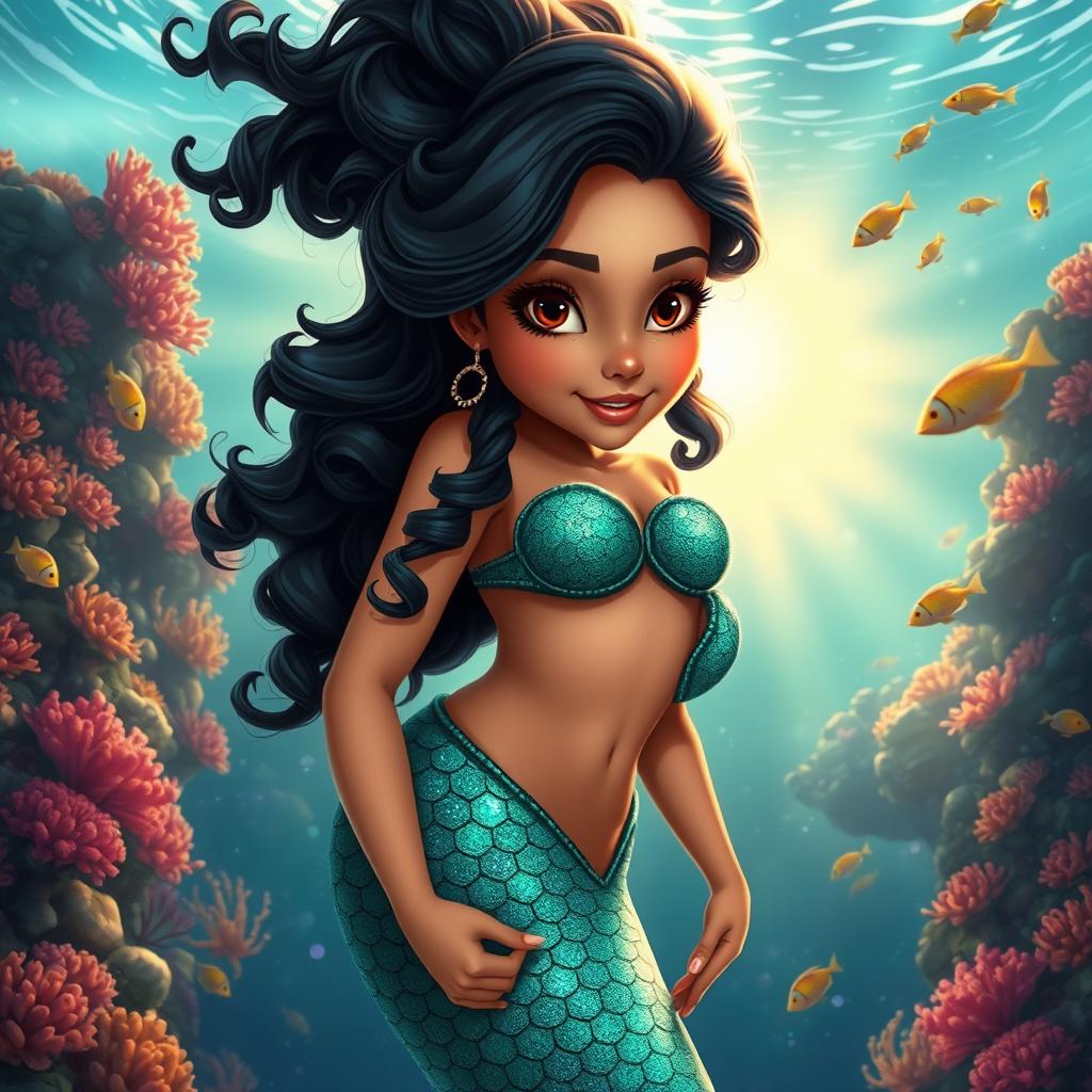 A beautifully animated Latina mermaid with curly black hair and captivating brown eyes