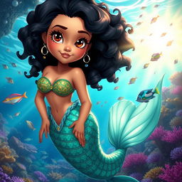 A beautifully animated Latina mermaid with curly black hair and captivating brown eyes