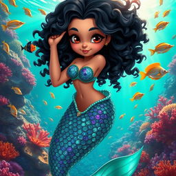 A beautifully animated Latina mermaid with curly black hair and captivating brown eyes