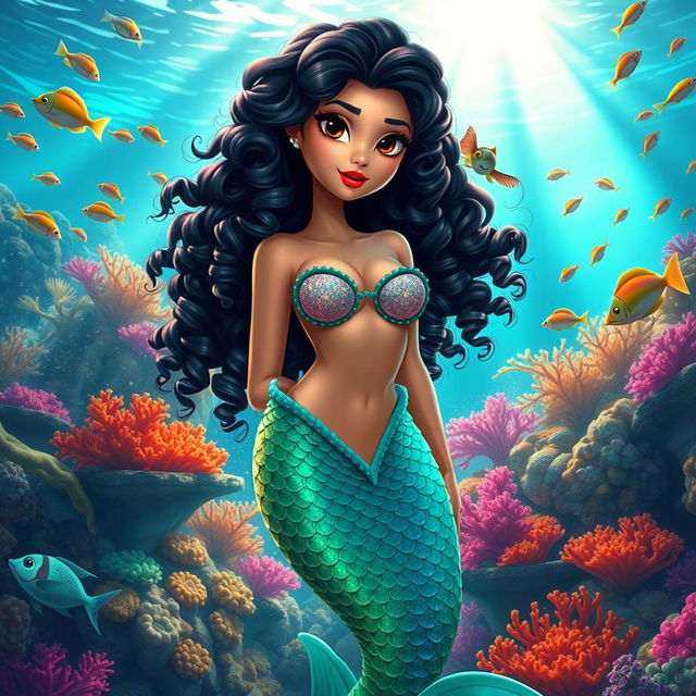 A beautifully animated Latina mermaid with curly black hair and captivating brown eyes