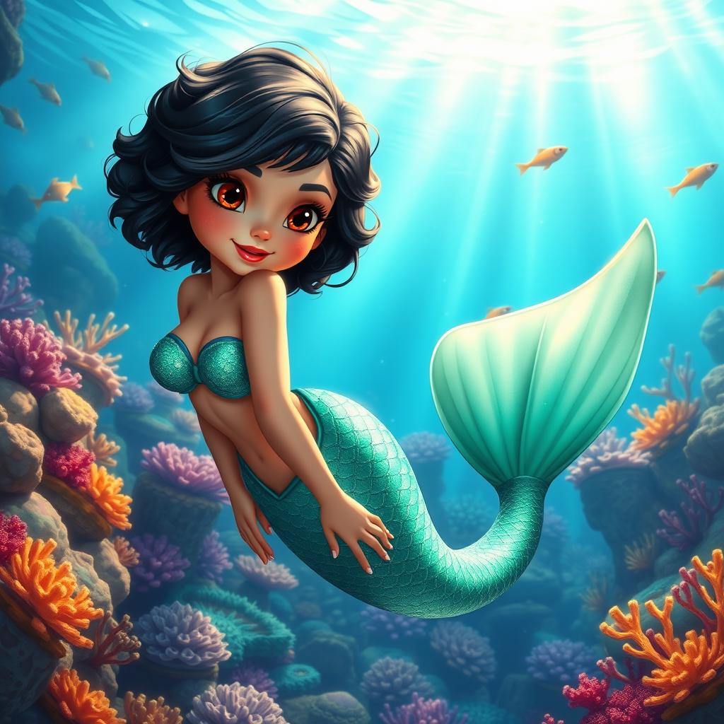 A stunning animated depiction of a Latina mermaid with short, curly black hair and expressive brown eyes