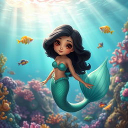 A stunning animated depiction of a Latina mermaid with short, curly black hair and expressive brown eyes