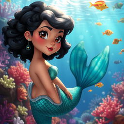 A stunning animated depiction of a Latina mermaid with short, curly black hair and expressive brown eyes