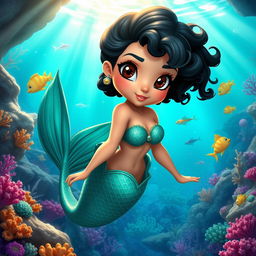 A stunning animated depiction of a Latina mermaid with short, curly black hair and expressive brown eyes