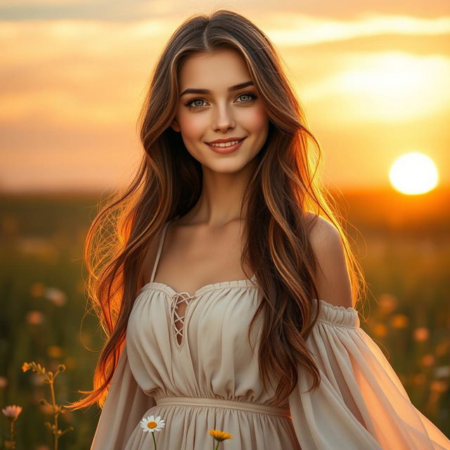 Create a book cover featuring a beautiful young woman with long, brown hair and a small nose