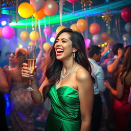 A lively and vibrant party scene featuring a joyful woman in an elegant evening gown