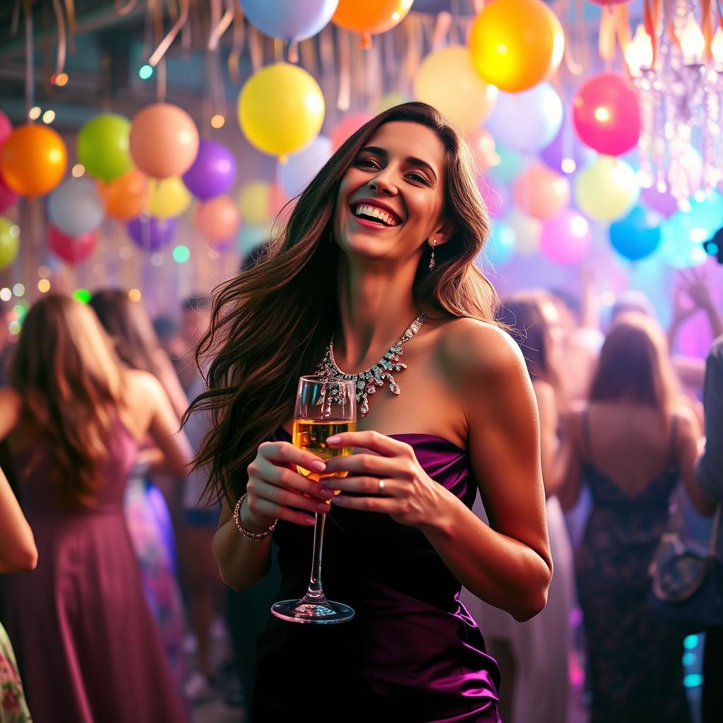 A lively and vibrant party scene featuring a joyful woman in an elegant evening gown