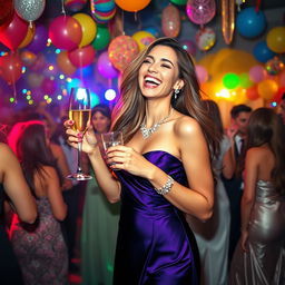 A lively and vibrant party scene featuring a joyful woman in an elegant evening gown