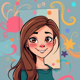 Create a book cover featuring a beautiful young woman in a cartoon style, with long brown hair and a small nose