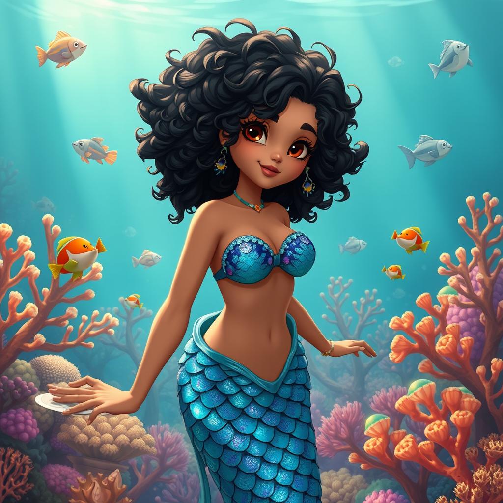 An adult animated depiction of a Latina mermaid with very curly, short black hair and deep brown eyes