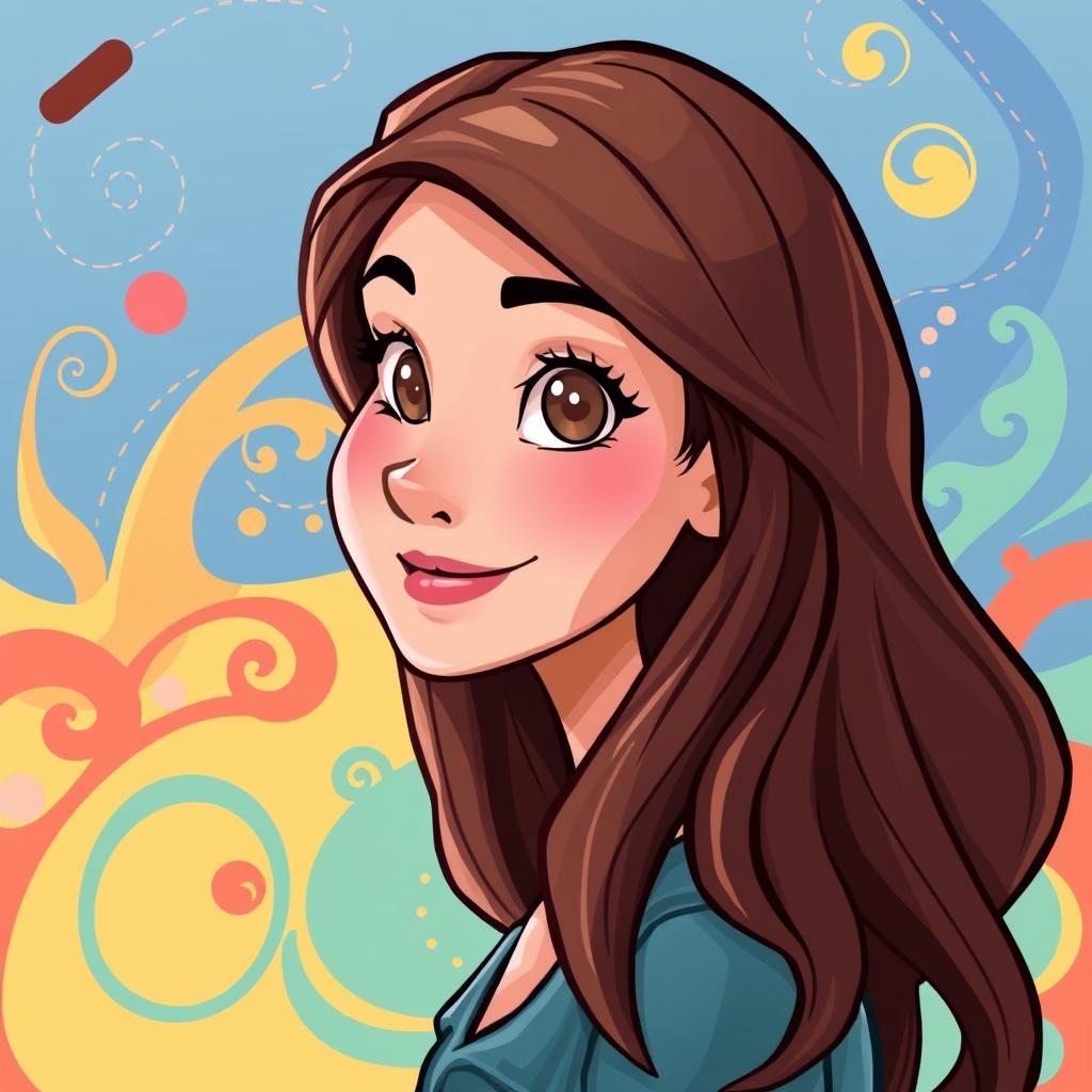 Create a book cover featuring a beautiful young woman in a cartoon style, with long brown hair and a small nose