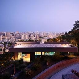 A sleek, modern house gleaming with glass and steel structures, on a hill. Its stunning design stands elegantly overlooking a vibrant cityscape below.