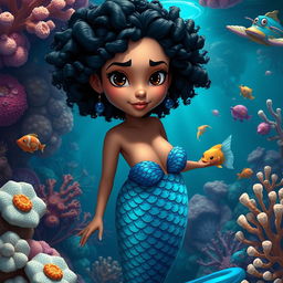 An adult animated depiction of a Latina mermaid with very curly, short black hair and deep brown eyes