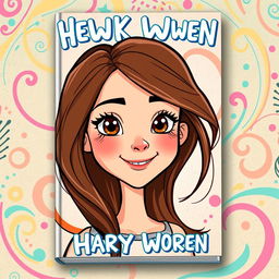 Create a book cover featuring a beautiful young woman in a cartoon style, with long brown hair and a small nose