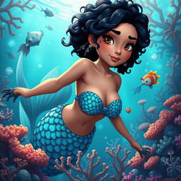 An adult animated depiction of a Latina mermaid with very curly, short black hair and deep brown eyes