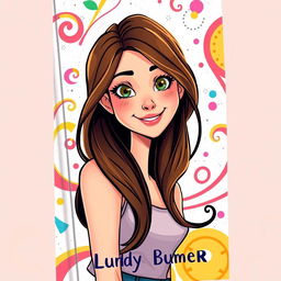 Create a book cover featuring a beautiful young woman in a cartoon style, with long brown hair and a small nose