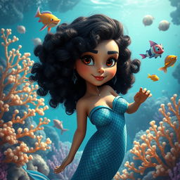 An adult animated depiction of a Latina mermaid with very curly, short black hair and deep brown eyes