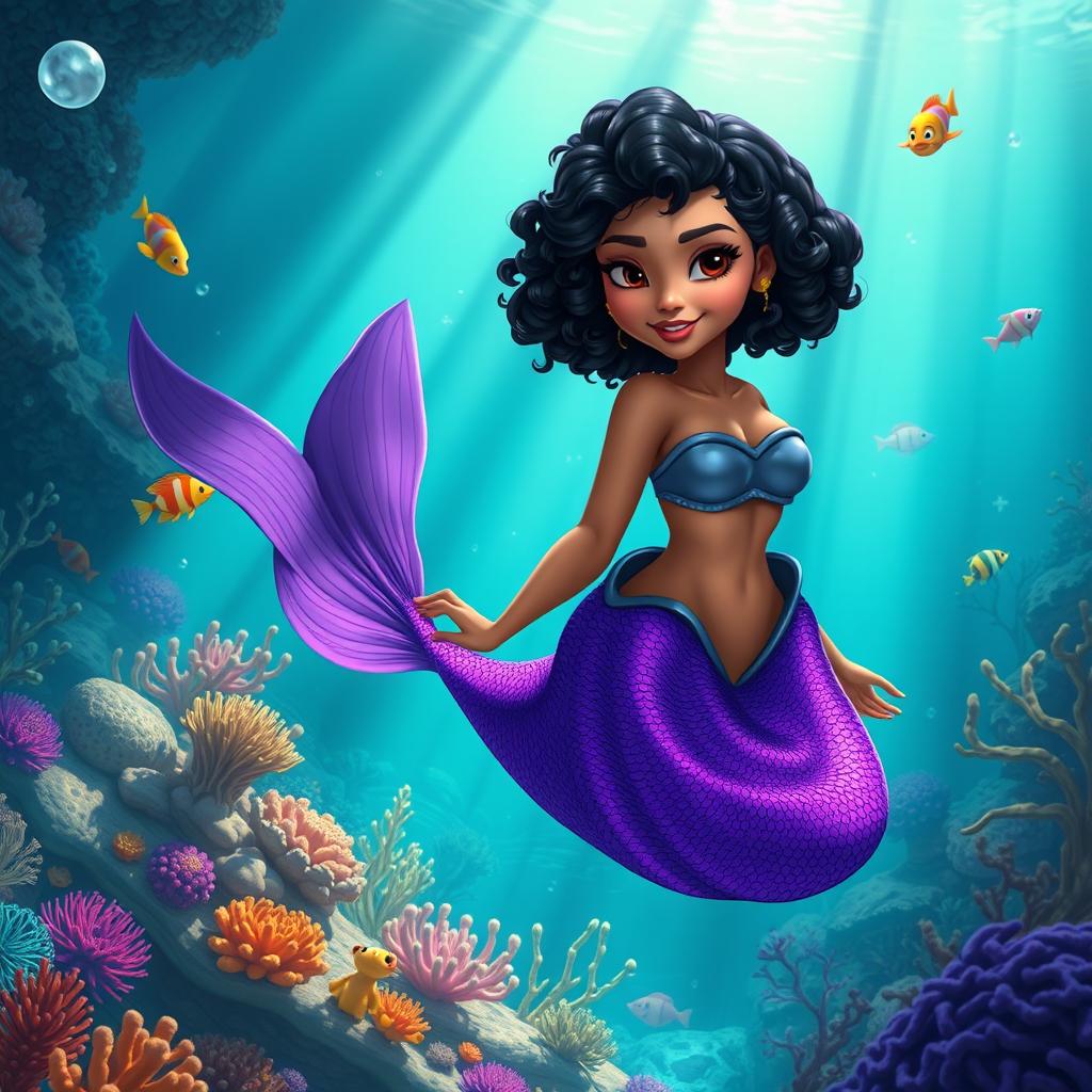 An adult animated portrayal of a Latina mermaid with very curly, short black hair and deep brown eyes