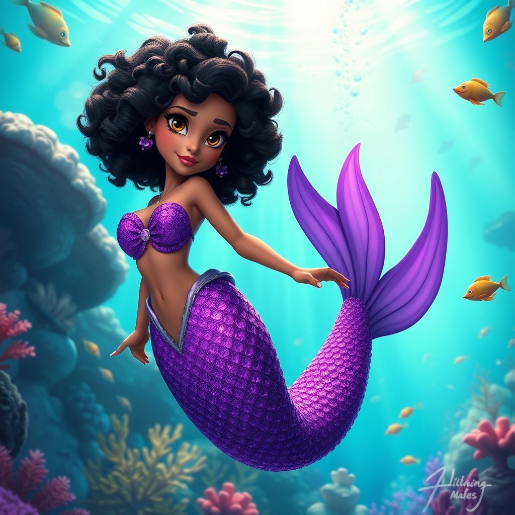 An adult animated portrayal of a Latina mermaid with very curly, short black hair and deep brown eyes