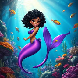 An adult animated portrayal of a Latina mermaid with very curly, short black hair and deep brown eyes