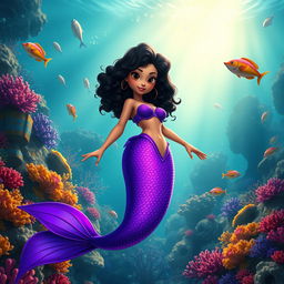 An adult animated portrayal of a Latina mermaid with very curly, short black hair and deep brown eyes