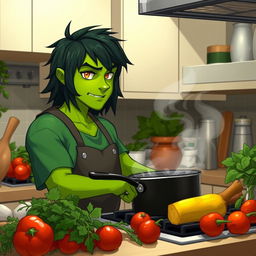 A green half-orc with medium-length black hair and striking orange eyes, skillfully cooking in a modern kitchen