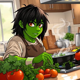 A green half-orc with medium-length black hair and striking orange eyes, skillfully cooking in a modern kitchen