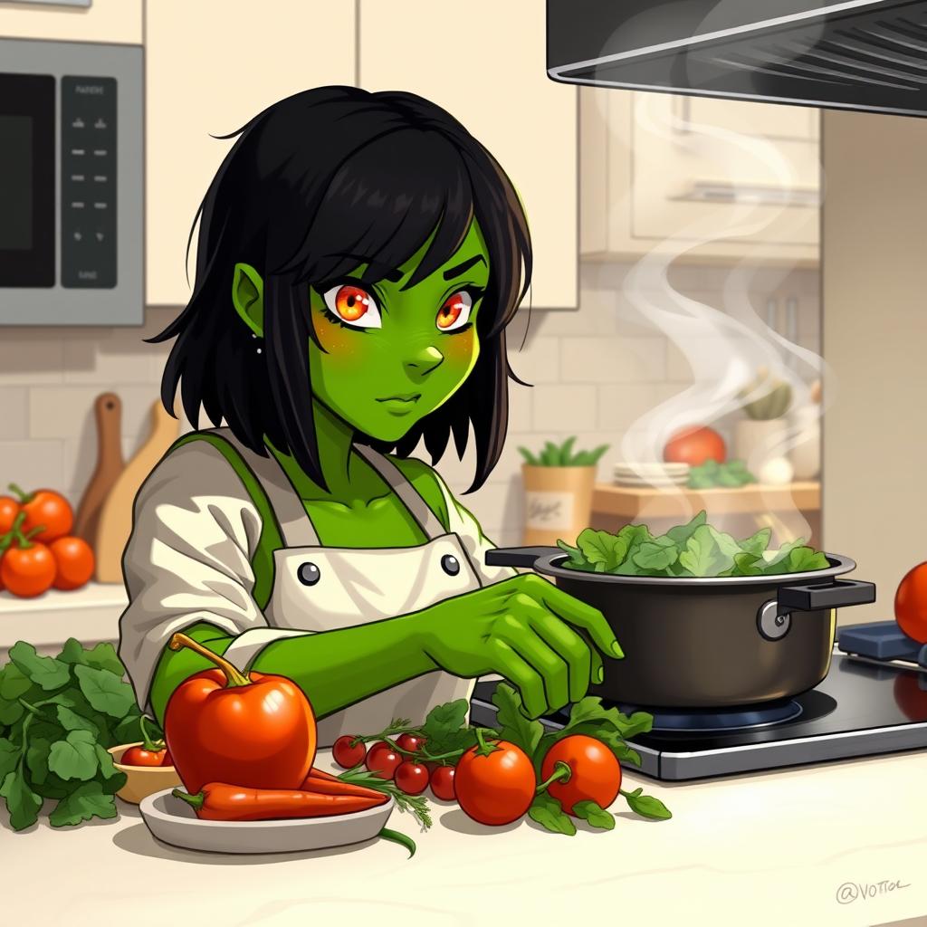 A green half-orc with medium-length black hair and striking orange eyes, skillfully cooking in a modern kitchen