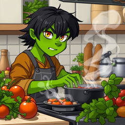 A green half-orc with medium-length black hair and striking orange eyes, skillfully cooking in a modern kitchen