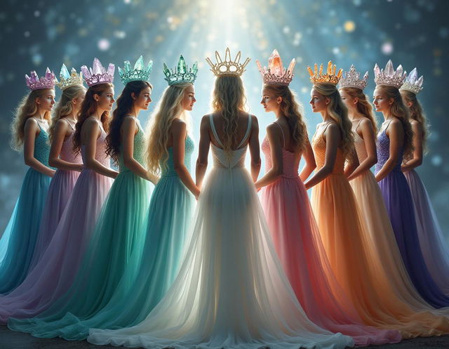 Twelve goddesses, each representing a month of the year, stand in a circle within a mystical and ethereal setting