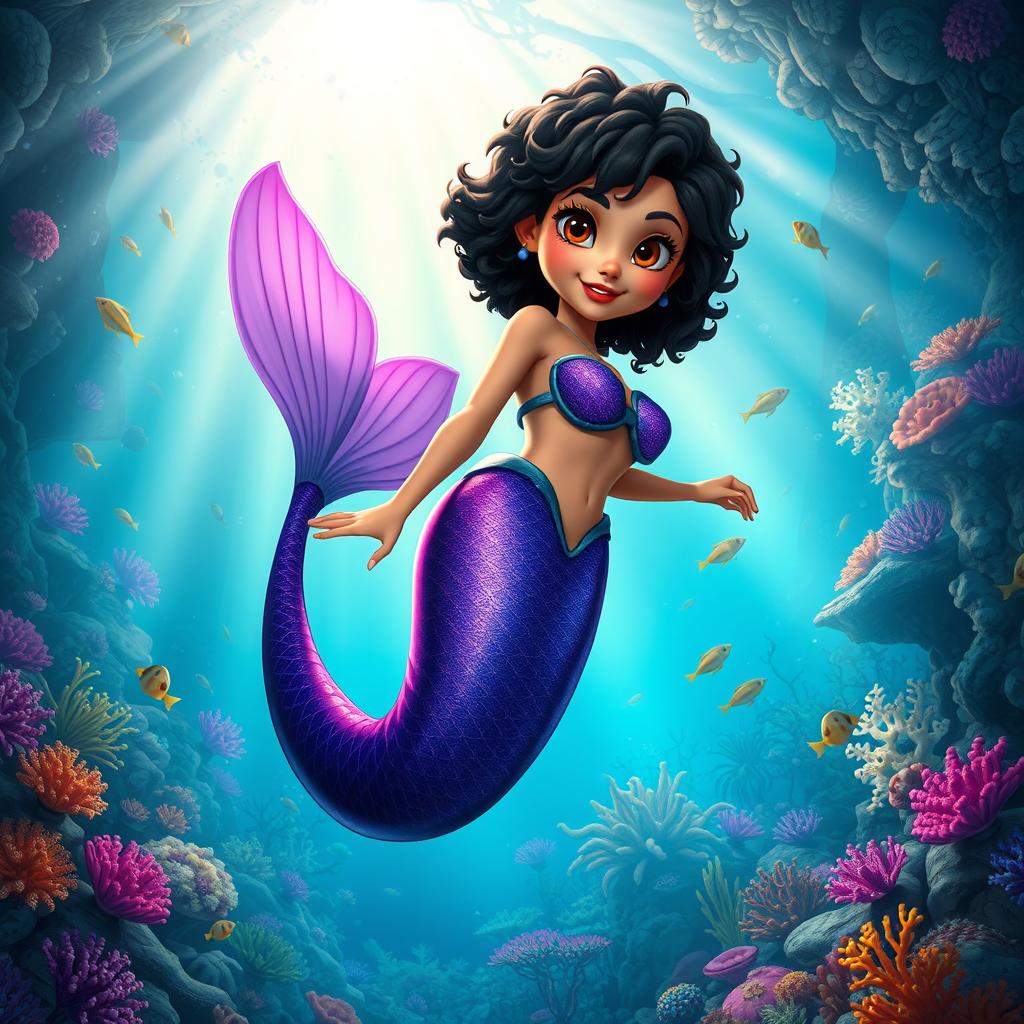 An adult animated scene featuring a Latina mermaid with very curly, short black hair and expressive brown eyes