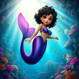 An adult animated scene featuring a Latina mermaid with very curly, short black hair and expressive brown eyes