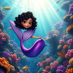 An adult animated scene featuring a Latina mermaid with very curly, short black hair and expressive brown eyes